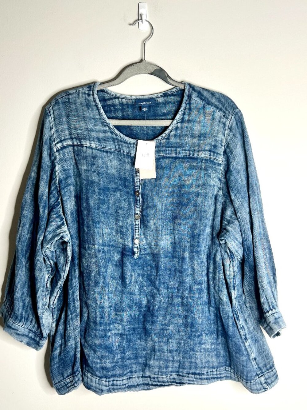 PureJill Indigo Chambray Popoever Gauzy Boxy Top Minimalist Staple Closet XL NWT